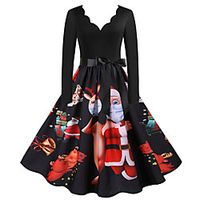 Women's A Line Dress Knee Length Dress Blue Purple Yellow Wine Fuchsia Green White Black Red Light Green Long Sleeve Print Animal Print Fall Winter V Neck Casual Vintage Christmas Halloween 2021 S M miniinthebox - thumbnail