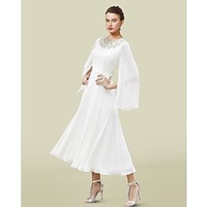 A-Line Mother of the Bride Dress Luxurious Elegant Jewel Neck Tea Length Chiffon Long Sleeve with Beading 2022 Lightinthebox