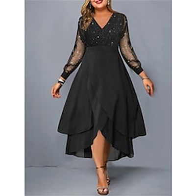 Women's Plus Size Curve Party Dress Lace Dress Black Dress Swing Dress Plain Long Dress Maxi Dress Long Sleeve Ruffle Mesh V Neck Fashion Party Wine Fall Winter L XL XXL 3XL 4XL miniinthebox