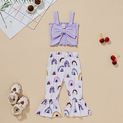 Kids Girls' Clothing Set 2 Pieces Long Sleeve Green Purple Yellow Floral Print Graphic Ruched Bow Print Indoor Outdoor Cute Sweet Regular 1-5 Years miniinthebox