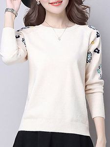 Round Neck Cute Floral Long Sleeve Knit Pullover