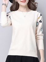 Round Neck Cute Floral Long Sleeve Knit Pullover - thumbnail