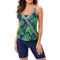 Women's Swimwear Tankini 2 Piece Plus Size Swimsuit Modest Swimwear Open Back for Big Busts Print Leaf Green Camisole Strap Bathing Suits New Vacation Fashion / Modern / Padded Bras miniinthebox - thumbnail