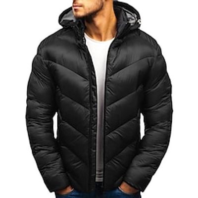 Men's Puffer Jacket Zipper Pocket Hoodie Office  Career Date Casual Daily Outdoor Casual Sports Winter Plain Black Red Royal Blue Puffer Jacket Lightinthebox