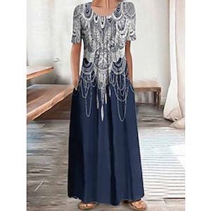 Women's Long Dress Maxi Dress Casual Dress Sundress A Line Dress Tribal Romantic Modern Holiday Beach Weekend Ruched Pocket Short Sleeve Crew Neck Dress Regular Fit Blue Summer Spring S M L XL XXL Lightinthebox