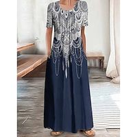 Women's Long Dress Maxi Dress Casual Dress Sundress A Line Dress Tribal Romantic Modern Holiday Beach Weekend Ruched Pocket Short Sleeve Crew Neck Dress Regular Fit Blue Summer Spring S M L XL XXL Lightinthebox - thumbnail