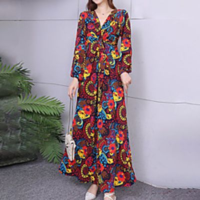 Women's A Line Dress Maxi long Dress Blue Red Long Sleeve Floral Lace up Print Spring V Neck Stylish Casual 2022 One-Size miniinthebox