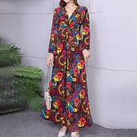 Women's A Line Dress Maxi long Dress Blue Red Long Sleeve Floral Lace up Print Spring V Neck Stylish Casual 2022 One-Size miniinthebox - thumbnail