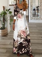 Women Crew Neck Floral Printed Long Sleeves Maxi Dress