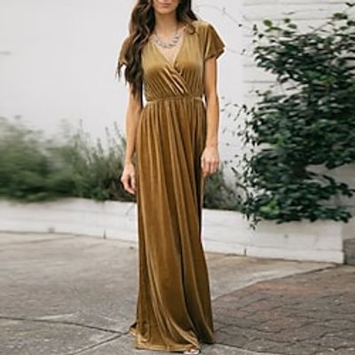 Women's A Line Dress Maxi long Dress Black Brown Short Sleeve Pure Color Velvet Spring Summer V Neck Elegant Fashion Mature 2022 S M L XL / Party Dress miniinthebox