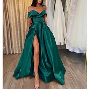 A-Line Evening Gown Princess Dress Formal Court Train Sleeveless Off Shoulder Satin with Slit 2023 Lightinthebox