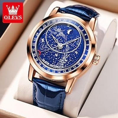 OLEVS 9923 Men's Watches Moon Phase Automatic Mechanical Watch for Man Blue Leather Luxury Dress Waterproof Luminous Wristwatch miniinthebox