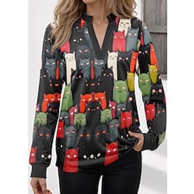 Women's Shirt Blouse Cat Red Blue Green Print Long Sleeve Casual Fashion V Neck Regular Fit Spring   Fall Lightinthebox