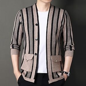 Men's Cropped  Sweater Cardigan Sweater Fall Sweater Ribbed Knit Regular Knitted Stripe V Neck Warm Ups Modern Contemporary Daily Wear Going out Clothing Apparel Fall Winter White Camel S M L Lightinthebox