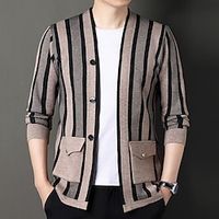 Men's Cropped  Sweater Cardigan Sweater Fall Sweater Ribbed Knit Regular Knitted Stripe V Neck Warm Ups Modern Contemporary Daily Wear Going out Clothing Apparel Fall Winter White Camel S M L Lightinthebox - thumbnail