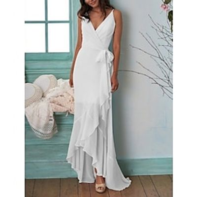 Little White Dresses Wedding Dresses A-Line V Neck Sleeveless Sweep  Brush Train Chiffon Bridal Gowns With Bow(s) Pleats 2023 Lightinthebox