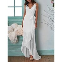 Little White Dresses Wedding Dresses A-Line V Neck Sleeveless Sweep  Brush Train Chiffon Bridal Gowns With Bow(s) Pleats 2023 Lightinthebox - thumbnail