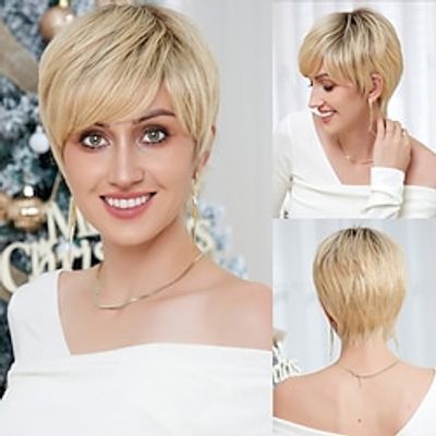Human Hair Blend Wig Short Natural Straight Pixie Cut Side Part Layered Haircut Asymmetrical Blonde Cosplay Curler  straightener Natural Hairline Capless Brazilian Hair Women's All Black Lightinthebox