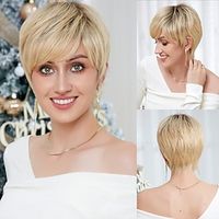 Human Hair Blend Wig Short Natural Straight Pixie Cut Side Part Layered Haircut Asymmetrical Blonde Cosplay Curler  straightener Natural Hairline Capless Brazilian Hair Women's All Black Lightinthebox - thumbnail