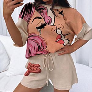 Women's Basic Streetwear Print Vacation Casual / Daily Two Piece Set Tracksuit T shirt Loungewear Biker Shorts Drawstring Print Tops miniinthebox