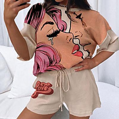 Women's Basic Streetwear Print Vacation Casual / Daily Two Piece Set Tracksuit T shirt Loungewear Biker Shorts Drawstring Print Tops miniinthebox