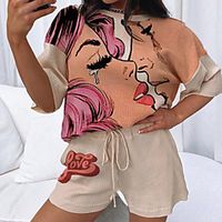Women's Basic Streetwear Print Vacation Casual / Daily Two Piece Set Tracksuit T shirt Loungewear Biker Shorts Drawstring Print Tops miniinthebox - thumbnail