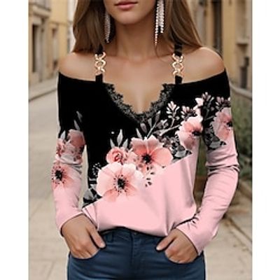 Women's Shirt Blouse Floral White Yellow Pink Print Lace Long Sleeve Casual Holiday Fashion V Neck Regular Fit Cold Shoulder Spring   Fall Lightinthebox