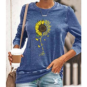 Women's Floral Theme Painting T shirt Floral Sunflower Long Sleeve Print Round Neck Basic Tops Blue Yellow Gray Lightinthebox