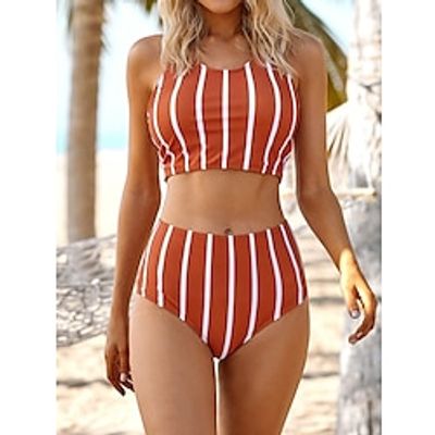 Women's Swimwear Bikini Normal Swimsuit 2 Piece Printing Stripe Orange Bathing Suits Sports Beach Wear Summer Lightinthebox
