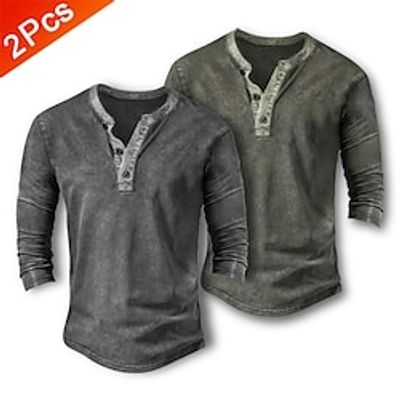 Multi Packs 2pcs Men's Henley Long Sleeve 1 T shirt Tee Henley Shirt Plain Daily Wear Vacation Polyester Spring   Fall Lightinthebox
