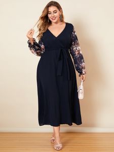 YOINS Plus Size V-neck Floral Patchwork Wrap Design Long Sleeves Maxi Dress