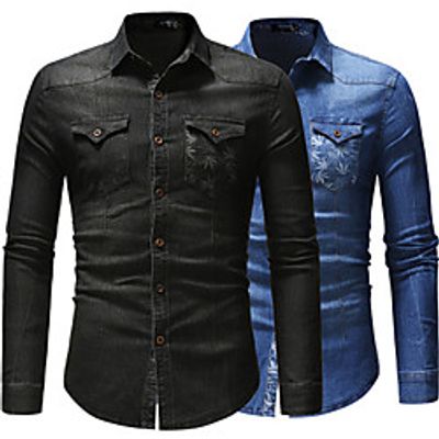 Men's Shirt Floral Button-Down Long Sleeve Casual Tops Cotton Casual Fashion Breathable Comfortable Black Blue miniinthebox