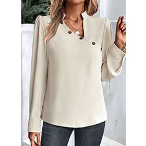 Women's Shirt Blouse Plain Beige Button Long Sleeve Casual Fashion V Neck Regular Fit Spring   Fall Lightinthebox