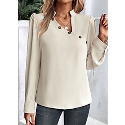Women's Shirt Blouse Plain Beige Button Long Sleeve Casual Fashion V Neck Regular Fit Spring   Fall Lightinthebox