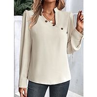 Women's Shirt Blouse Plain Beige Button Long Sleeve Casual Fashion V Neck Regular Fit Spring   Fall Lightinthebox - thumbnail