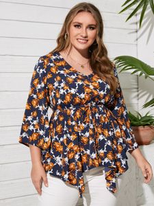 YOINS Plus Size V-neck Floral Print Drawstring Criss-Cross Blouse