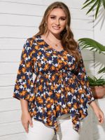 YOINS Plus Size V-neck Floral Print Drawstring Criss-Cross Blouse - thumbnail
