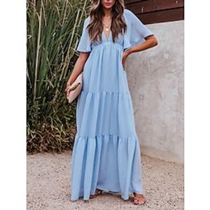 Women's Long Dress Maxi Dress Casual Dress Summer Dress Plain Fashion Streetwear Outdoor Daily Holiday Ruched Backless Short Sleeve V Neck Dress Slim Blue Summer Spring S M L XL Lightinthebox