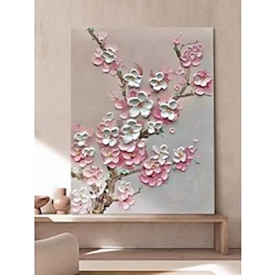 Pink Floral Handpainted Oil Painting Large White Cherry Blossom Texture Wall Art 3D Knife Texture Handmade Oil Painting Spring Decor Home Decor Stretched Frame Ready to Hang Lightinthebox
