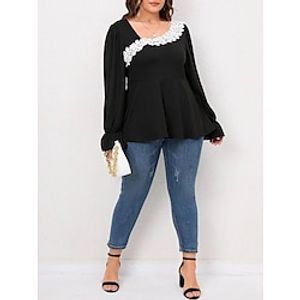 Women's Plus Size Tops Blouse Floral Plain Long Sleeve U Neck Fashion Modern Vacation Going out Polyester Winter Fall Black Lightinthebox