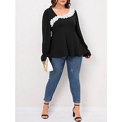 Women's Plus Size Tops Blouse Floral Plain Long Sleeve U Neck Fashion Modern Vacation Going out Polyester Winter Fall Black Lightinthebox