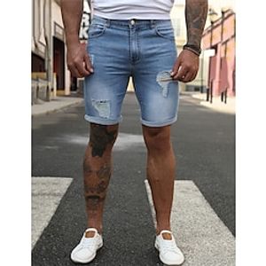 Men's Shorts Denim Shorts Jean Shorts Ripped Plain Breathable Knee Length Outdoor Daily Going out Cotton Blend Fashion Casual Blue Dark Blue Lightinthebox