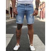 Men's Shorts Denim Shorts Jean Shorts Ripped Plain Breathable Knee Length Outdoor Daily Going out Cotton Blend Fashion Casual Blue Dark Blue Lightinthebox - thumbnail