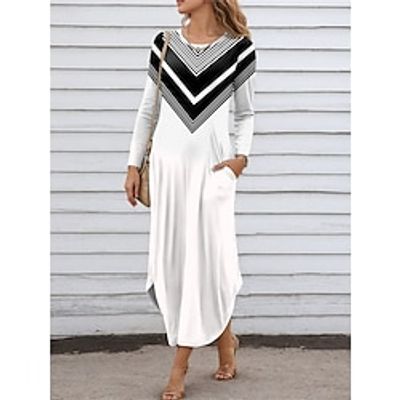 Women's Casual Dress SpringDress Geometric Color Block Print Pocket Crew Neck Long Dress Maxi Dress Streetwear Maxi Street Holiday Long Sleeve Regular Fit Black White Pink Spring S M L XL XXL Lightinthebox