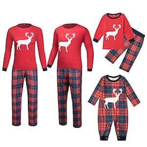 Christmas Pajamas Family Set Ugly Plaid Deer Home Red Long Sleeve Mom Dad and Me Basic Matching Outfits Lightinthebox