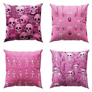 Halloween Pink Skull Double Side Pillow Cover 4PC Soft Decorative Square Cushion Case Pillowcase for Bedroom Livingroom Sofa Couch Chair miniinthebox