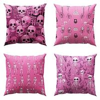 Halloween Pink Skull Double Side Pillow Cover 4PC Soft Decorative Square Cushion Case Pillowcase for Bedroom Livingroom Sofa Couch Chair miniinthebox - thumbnail