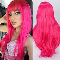 Cosplay Costume Wig Synthetic Wig Straight kinky Straight Neat Bang Machine Made Wig 24 inch PinkRed Synthetic Hair Women's Rose Pink miniinthebox - thumbnail