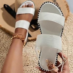 Women's Sandals Flat Sandals Plus Size Ankle Strap Sandals Outdoor Beach Flat Heel Elegant Casual Minimalism PU Buckle Solid Color Black White miniinthebox