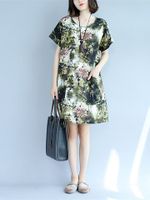 Floral Printed Short Sleeve O-Neck Vintage Dresses For Women